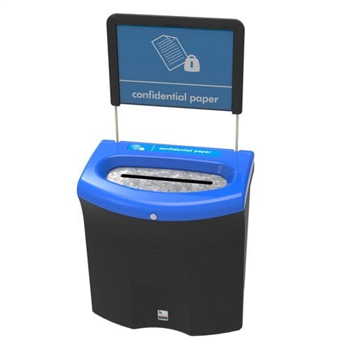 freestanding confidential paper bin with black body, blue slot aperture and signage attached.