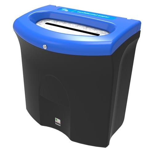 Side view of the paper litter bin. The lid and body is visible, no signage attached.