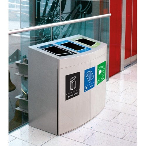 240L Console Recycling Bin with wide open apertures neatly displayed in a commercial space for easy waste disposal access.