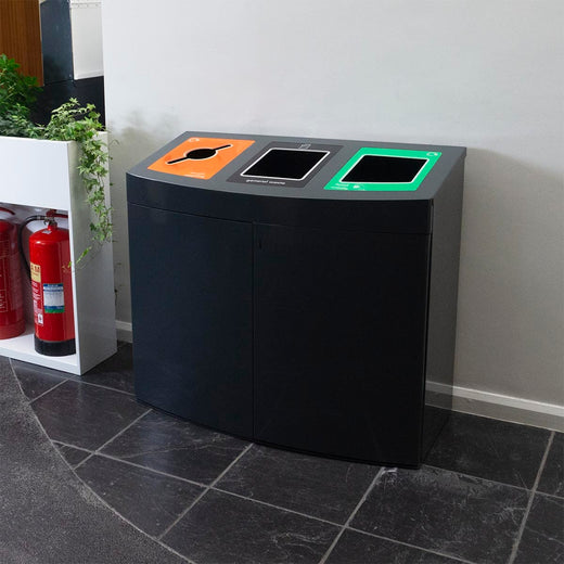 Console Recycling Bin in 3 different waste apertures in a black bin body.