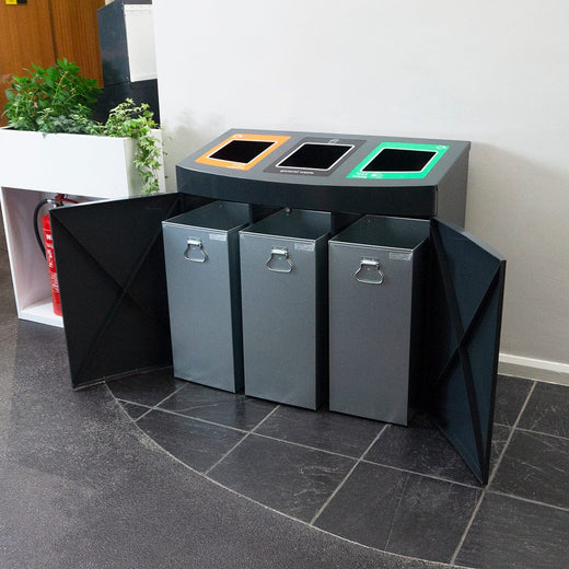The Console Recycling Unit with a sturdy steel exterior, 3 removable inner liners & magnetic doors for easy access & tidying.