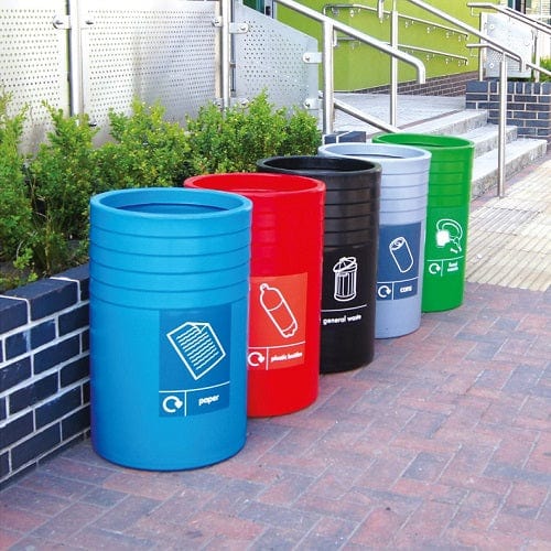 Open Top Circular Recycling units in a variety of colors and labels for easy waste collection.