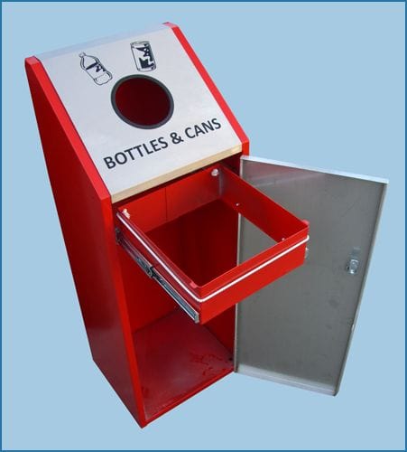Powder coated red metal recycling bin with bottles & cans recycling text.  Door in the open position with sack retention ring exposed