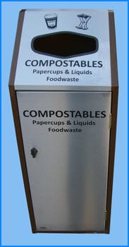 Compostable internal recyclig bin with aperture to the sloped lid.  Text to the front opening door and brown surround panels