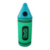 Green crayon shaped recycling bin with aperture in the tip for recycling of fruit