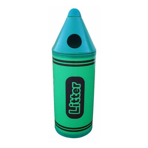 Green litter bin in design of a crayon with circular aperture to the lid, complete with litter graphic to the front