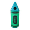 Green litter bin in design of a crayon with circular aperture to the lid, complete with litter graphic to the front