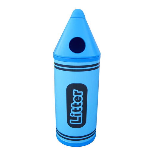 Litter bin in the design of a crayon, with circular aperture to the front complete with litter text