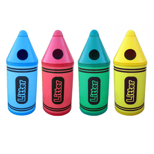 Set of 4 crayon shaped litter bins, in each blue, red, green and yellow.  Circular aperture for waste