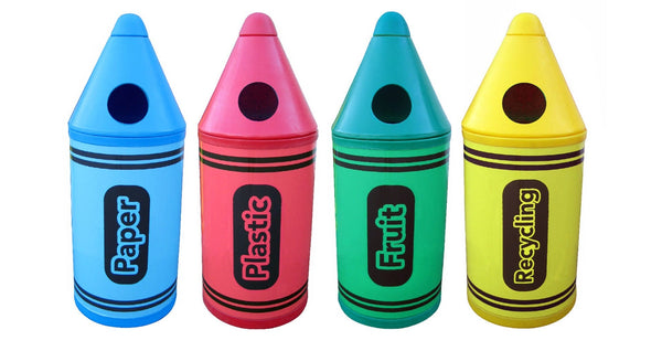 4 Crayola shaped recycling bins for the collection of paper, plastics, fruit and recycling in different colours