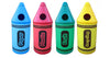 4 Crayola shaped recycling bins for the collection of paper, plastics, fruit and recycling in different colours