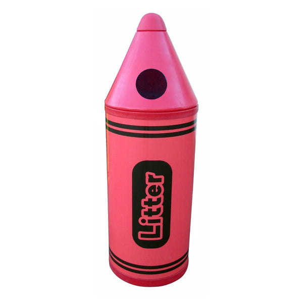 Red litter bin with graphic to the front of the bin, circular aperture to the tip and graphic to suit