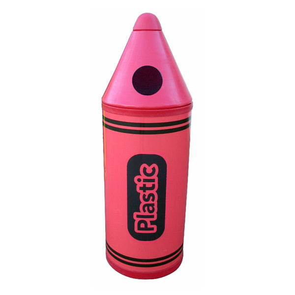 Plastic recycling bin in the shape of a crayon, plastics lettering to the front