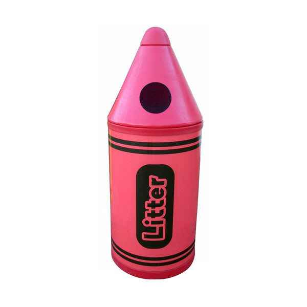 Red plastic litter bin in crayon design with aperture to the lid and litter text
