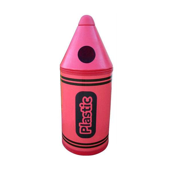 Red crayon design litter bin with plastics lettering to the front of the bin