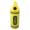 Yellow plastic litter bin in the shape of a crayon with aperture to the front of the lid and litter wording 