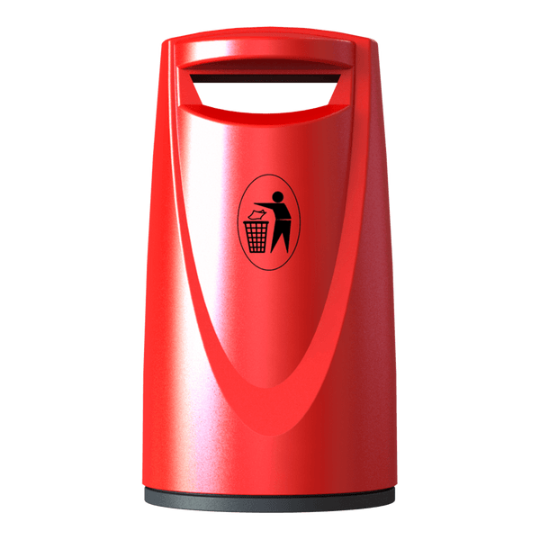 External litter bin in red with tidyman logo and apertures to back and front