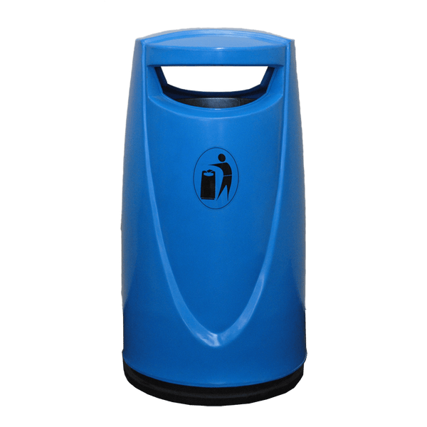 Blue freestanding litter bin with front and back aperture complete with tidyman logo