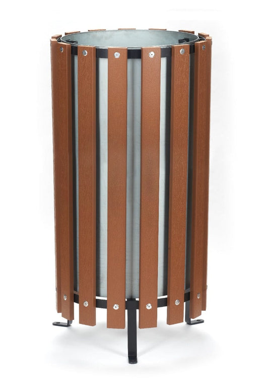 Freestanding wood effect litter bin with galvanised liner and large aperture in walnut finish