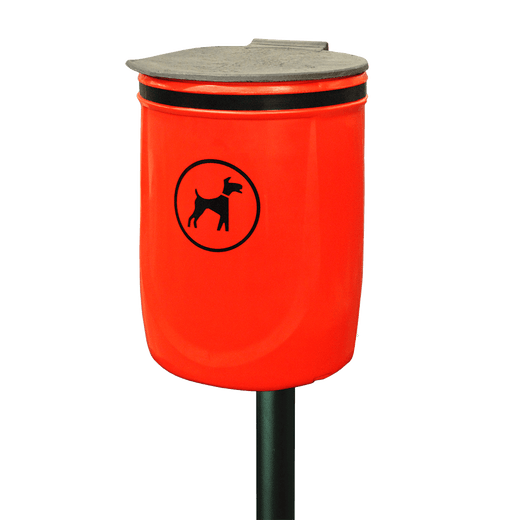 Red 40 litre dog waste bin with a deodorizing block in lid mounted on a post.