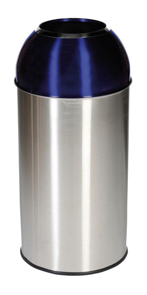 Domed top litter bin with open aperture, stainless steel body with blue lid
