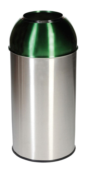 40 litre stainless steel domed top bin, with large open aperture on the top 