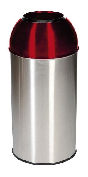 Red lid and stainless steel body with large open aperture on the top for 360 degree waste disposal