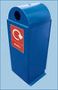 Blue dome top outdoor waste bin labeled for plastic waste disposal. 