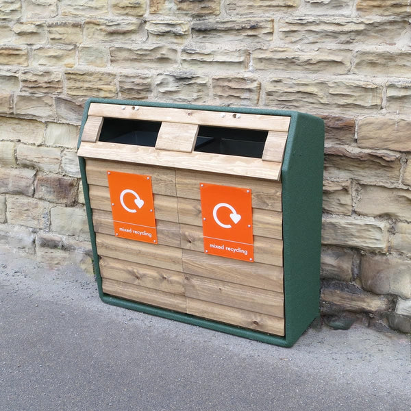 Weather resistant external litterbin with standard apertures with orange mixed recycling perspex plates to the front