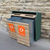 Double rural litter bin with liners removed and lid access open, glass fibre surround 