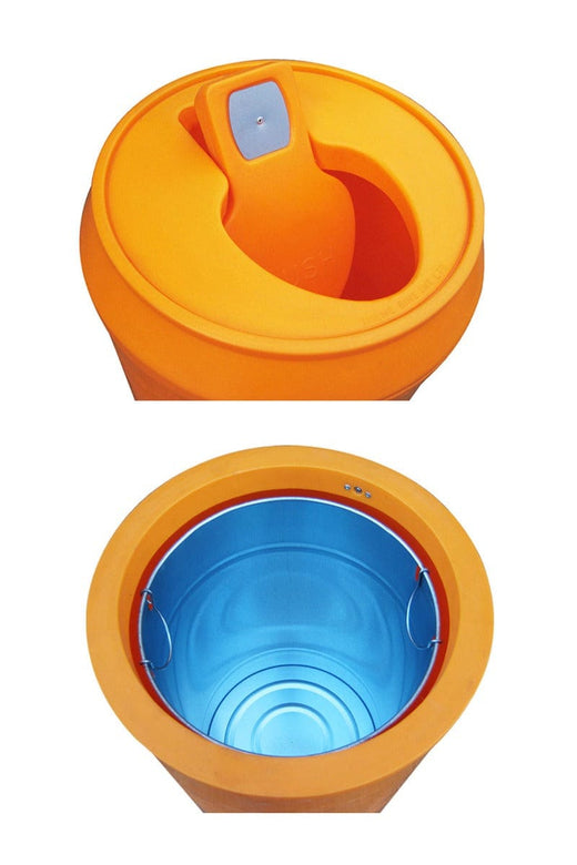 Image on top Bin features the pivoting ring-pull lid for effortless access. Bottom image shows the galvanized inner liner of the waste bin.