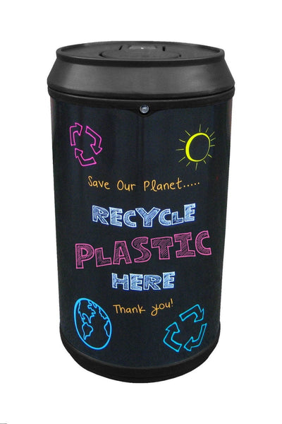 plastic recycling bin shaped like a drinks can with blackboard style graphics
