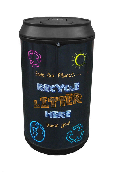 litter recycling bin shaped like a drinks can with blackboard style graphics