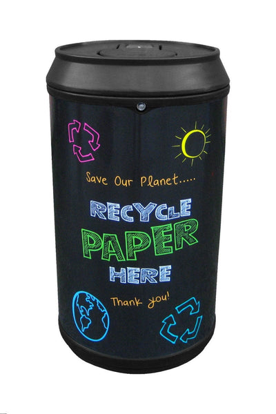 paper recycling bin shaped like a drinks can with blackboard style graphics