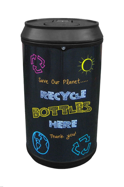 plastic bottles recycling bin shaped like a drinks can with blackboard style graphics