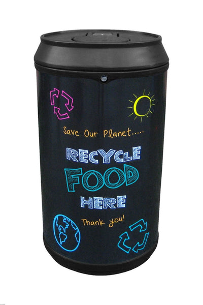 food recycling bin shaped like a drinks can with blackboard style graphics