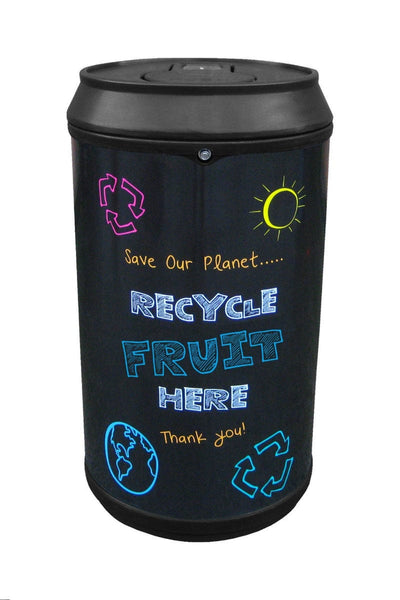 fruit recycling bin shaped like a drinks can with blackboard style graphics