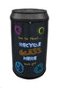 glass recycling bin shaped like a drinks can with blackboard style graphics