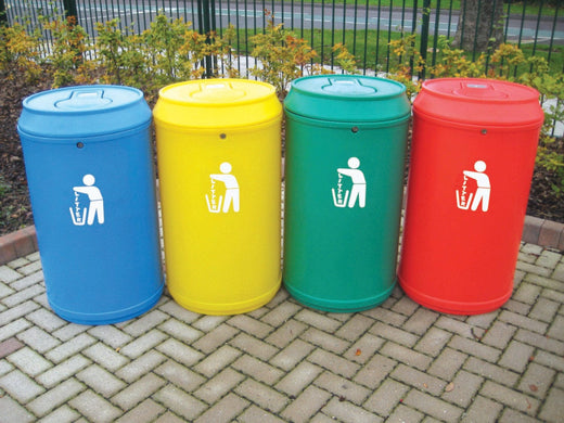 Brightly colored 90L Novelty Drinks Can Bins placed within the park