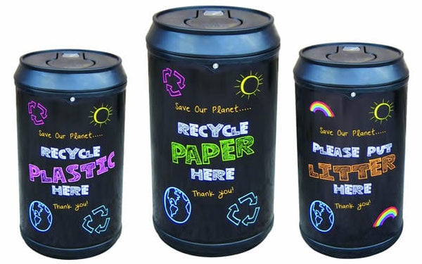 Blackboard recycling bins with paper, plastics and litter images