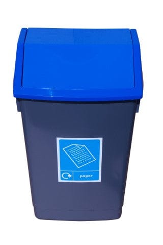 Blue swing top recycling bin with silver base and paper A5 graphic to match
