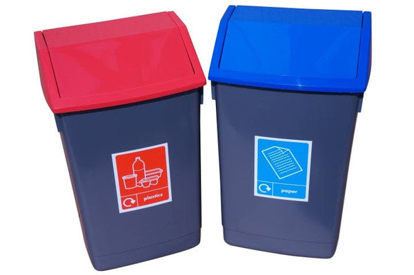 Set of 2 recycling bins with red and blue coloured lids with graphic to match