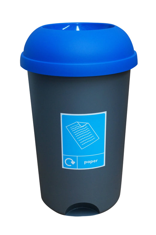 A self-standing bin in grey and has an open top, a blue removable lid, and a recycling sticker.