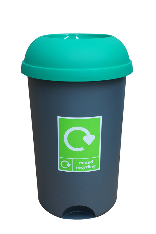 freestanding open top litter bin in grey base color and blue lift off lid with attached recycling sticker. 
