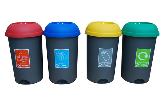 Five garbage bins, coloured silver-grey at the base, feature a foot plate at the bottom and lift-off lids.