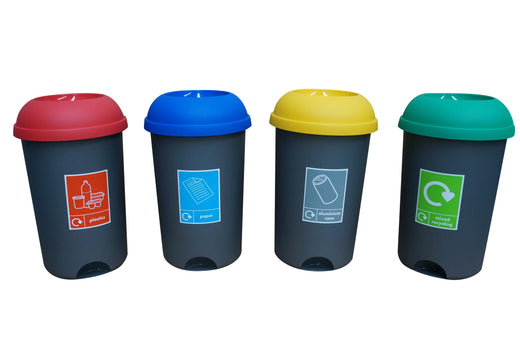 5 silver grey base litter bins with multi colored lift off lids in red, blue, yellow, and green. It has foot plate at the base.
