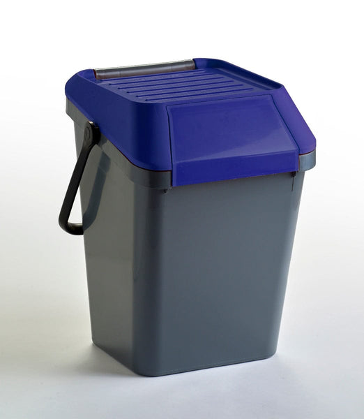 45 Litre stackable bin with handle in the locked position, complete with blue lid