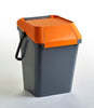 Grey body and orange lidded stackable recycling bin with carry handle to the rear 