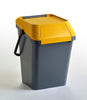 Stackable recycling bin with yellow lid, showing flap closed and handle in the locked position