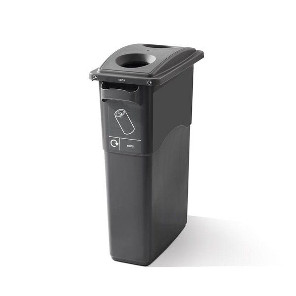 Cans recycling bin with grey hole top lid and recycling waste stream graphic to the front  
